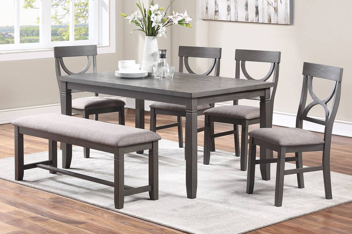 Dining Room Furniture 6pc Set Rectangle Table 4x Side Chairs and A Bench Grey Finish MDF Rubberwood | Home Elegance USA