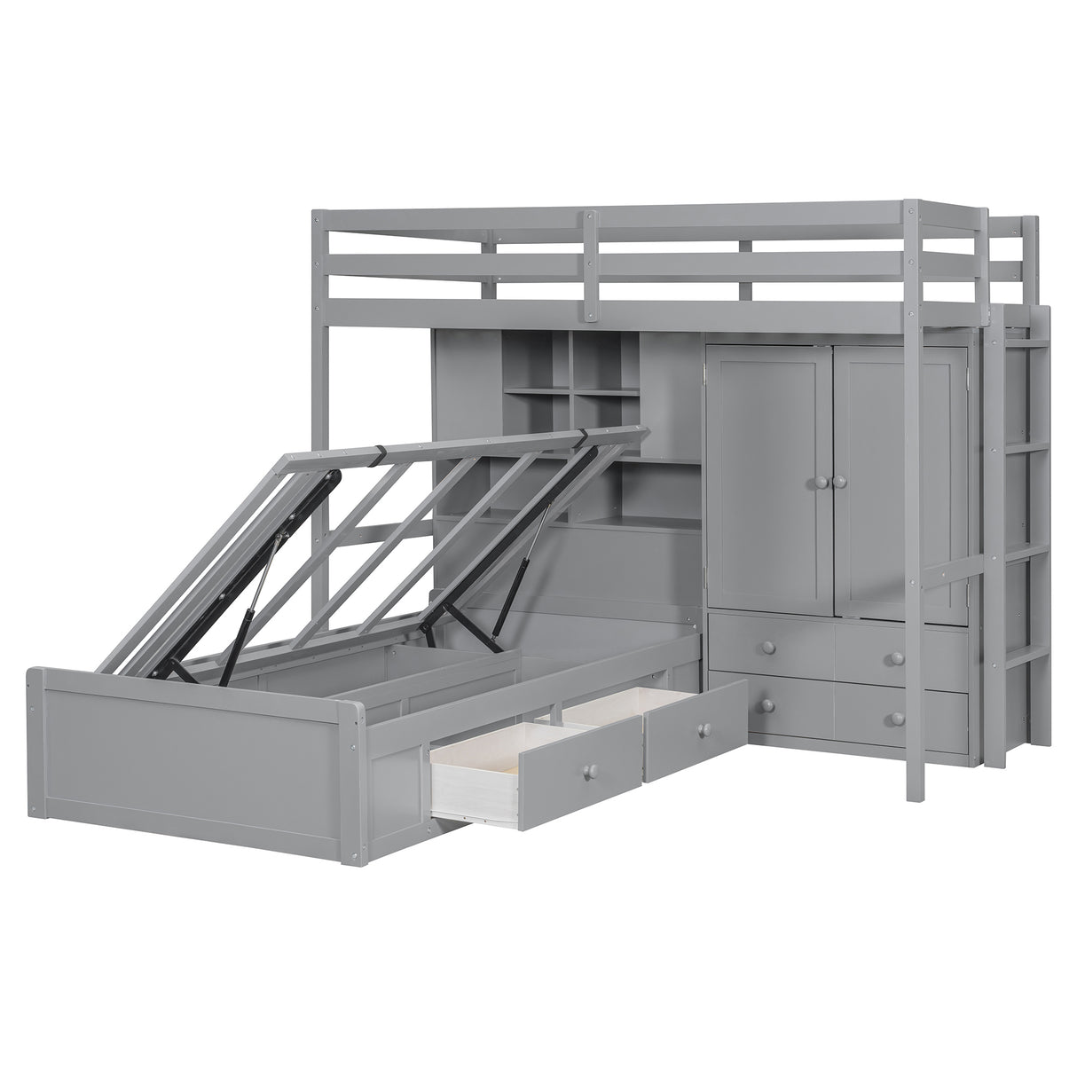 Twin Bunk Bed with Drawers, Wardrobe, Storage Shelves and Hydraulic Bed,Gray - sold by Home Elegance USA