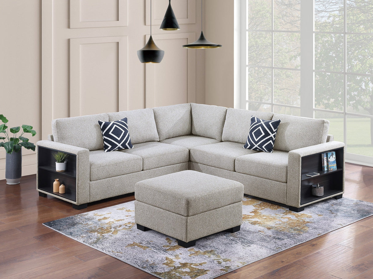 Contemporary Functional Sectional Sofa 4pc Set Beige Boucle Couch Loveseat w Built-in Shelfs Wedge, Ottoman Living Room Furniture L-Shaped Design Couch - sold by Home Elegance USA