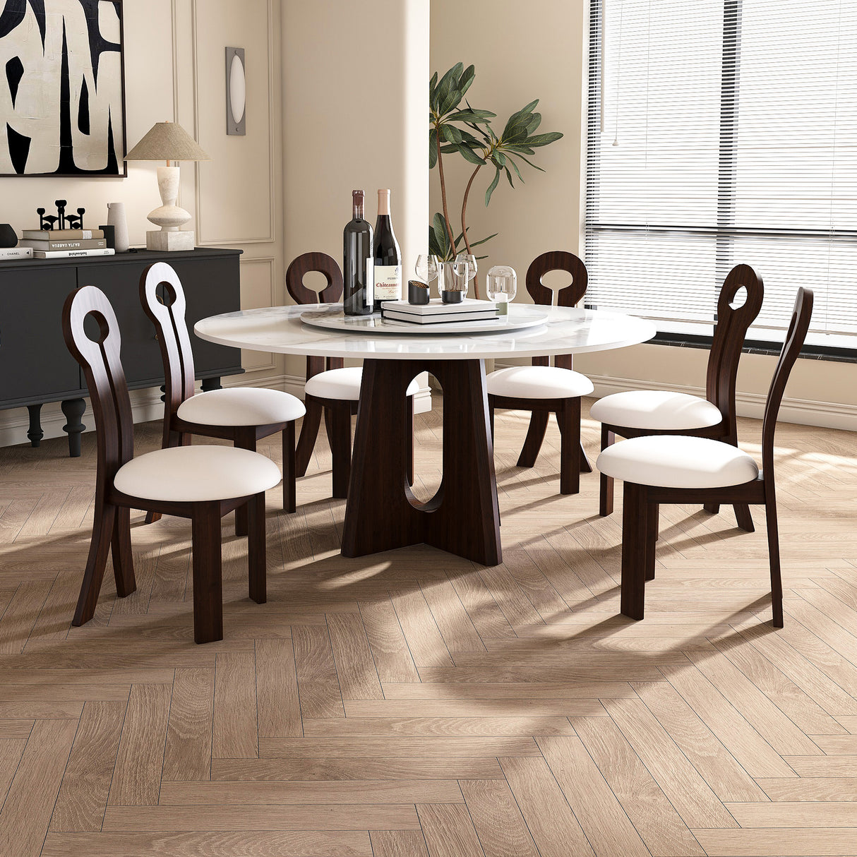 Modern Marble Dining Table, 59' Sintered Stone Round Dining Table with Solid Wood Walnut Base, Sturdy Cross Design for 6-8 People-Walnut (with 6 Chairs)