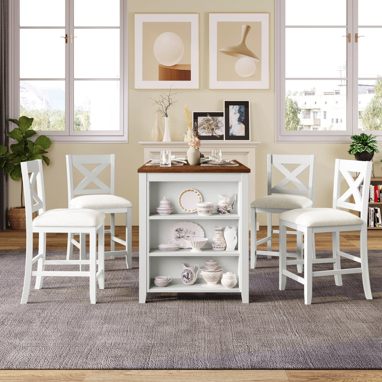 TOPMAX 5 Pieces Counter Height Rustic Farmhouse Dining Room Wooden Bar Table Set with 4 Chairs, White - sold by Home Elegance USA