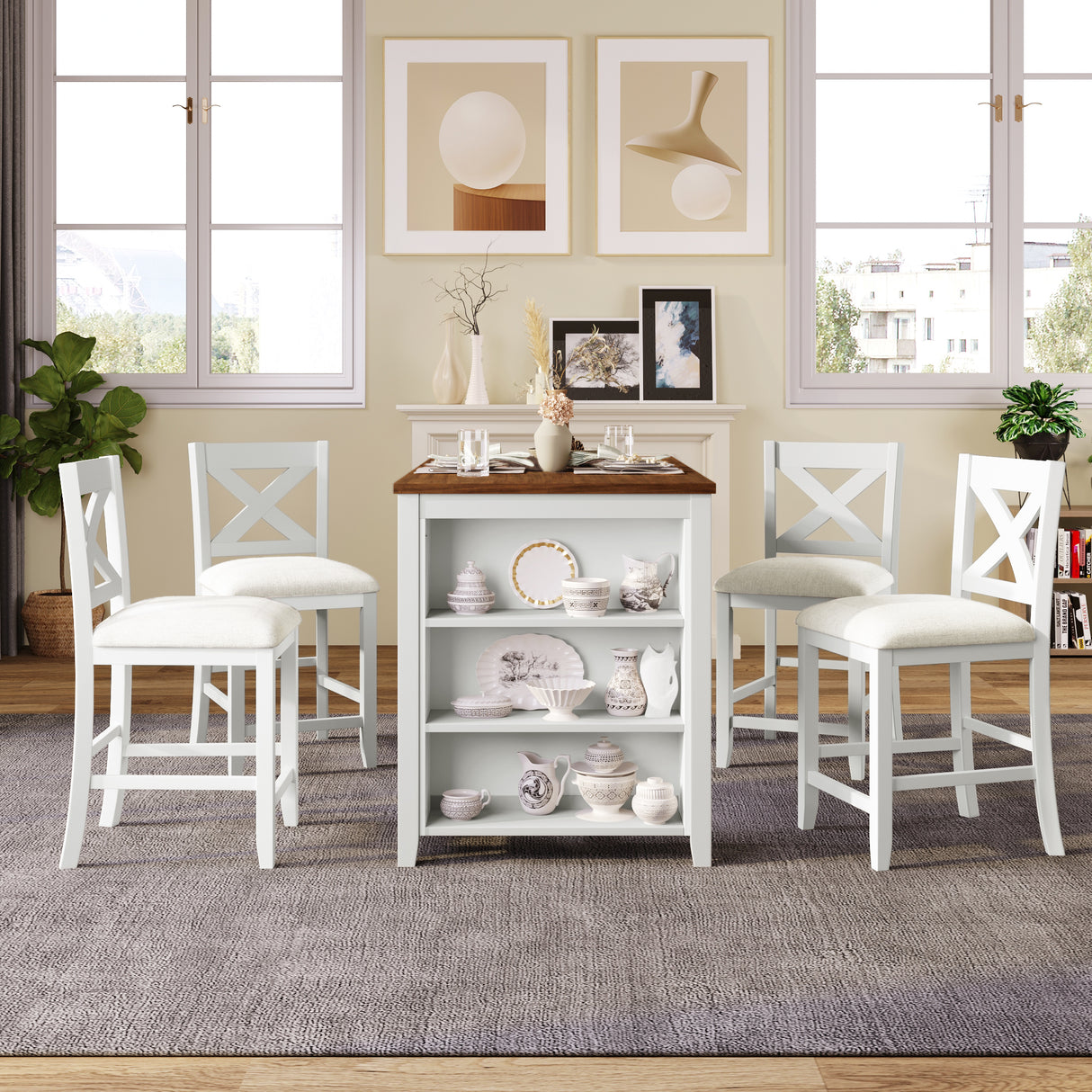 Juego de 5 mesas de bar de madera TOPMAX de estilo rústico con 4 sillas, color blanco