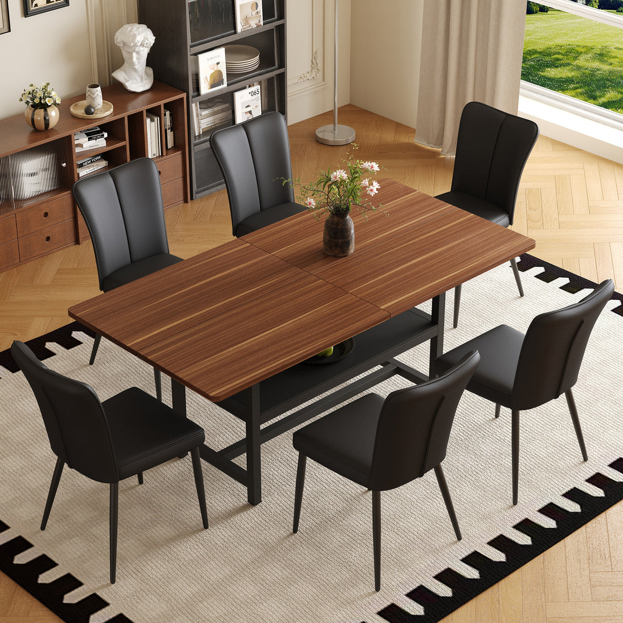 Table and chair set.71 inch long fashionable walnut grain dining table, a practical choice to add color to the home.Paired with 6 Black PU chairs with a vertical stripe design on the backrest.