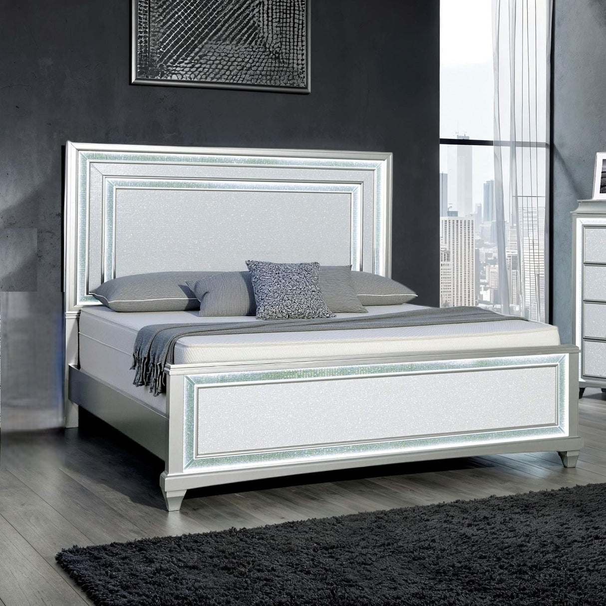 Silver / Gray 1pc Queen Size Bed Faux Crystal w LED Headboard Panel Bedframe Bedroom Furniture Glamorous Contemporary Style