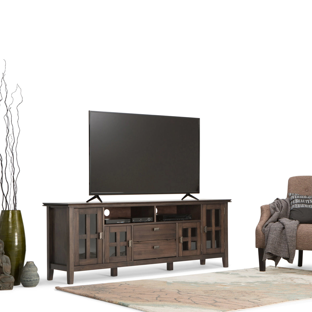 Artisan 72 inch Wide Solid Wood TV Stand in Natural Aged Brown For TVs up to 80 inches - sold by Home Elegance USA