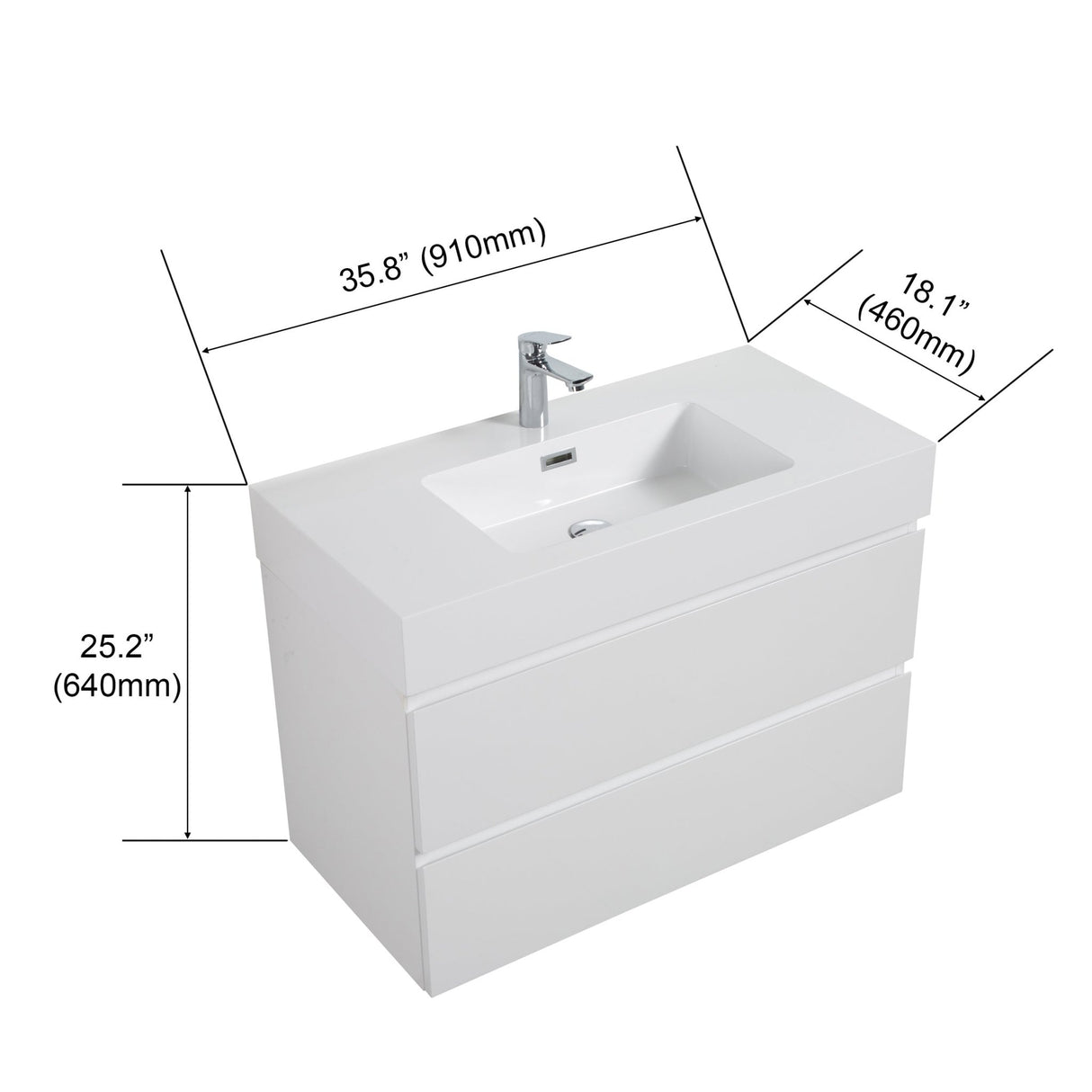 Alice 36" White Bathroom Vanity with Sink, Large Storage Wall Mounted Floating Bathroom Vanity for Modern Bathroom, One - Piece White Sink Basin without Drain and Faucet | Home Elegance USA