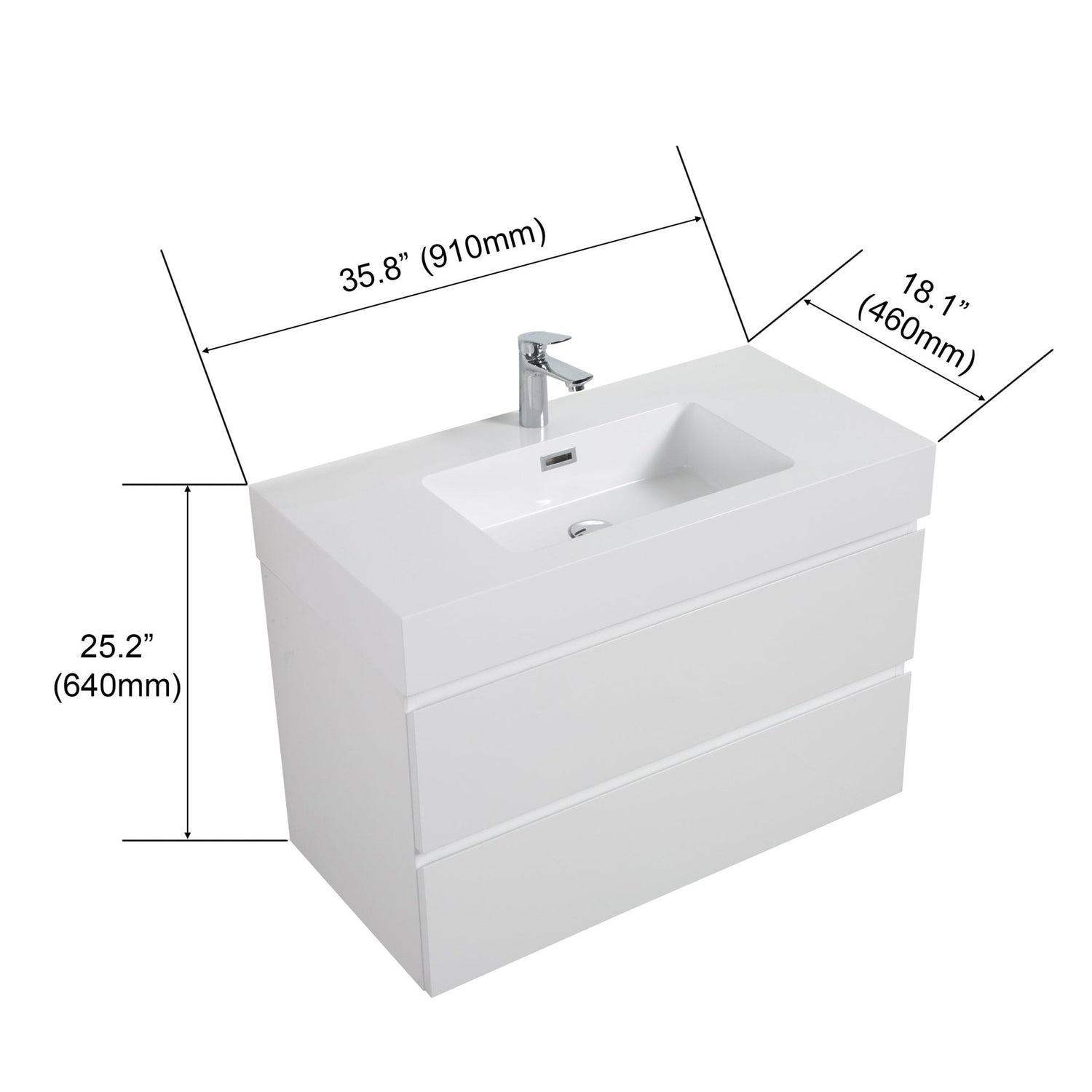 Alice 36" White Bathroom Vanity with Sink, Large Storage Wall Mounted Floating Bathroom Vanity for Modern Bathroom, One - Piece White Sink Basin without Drain and Faucet | Home Elegance USA