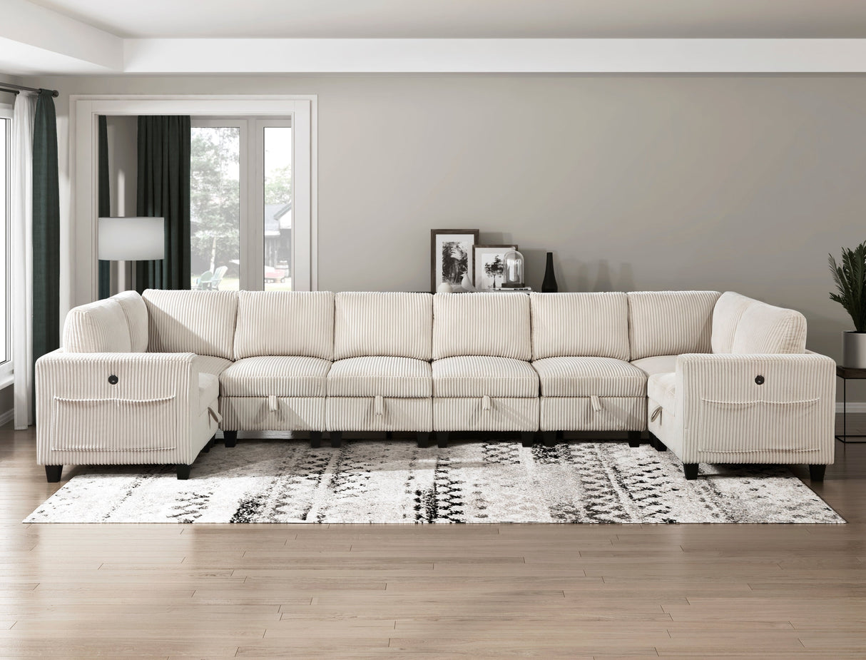 8-Piece Modular Sectional with Storage Seats, Side Pockets, Charging Ports Beige Corduroy Fabric Modern Living Room Sectional Couch Solid Wood Furniture - sold by Home Elegance USA