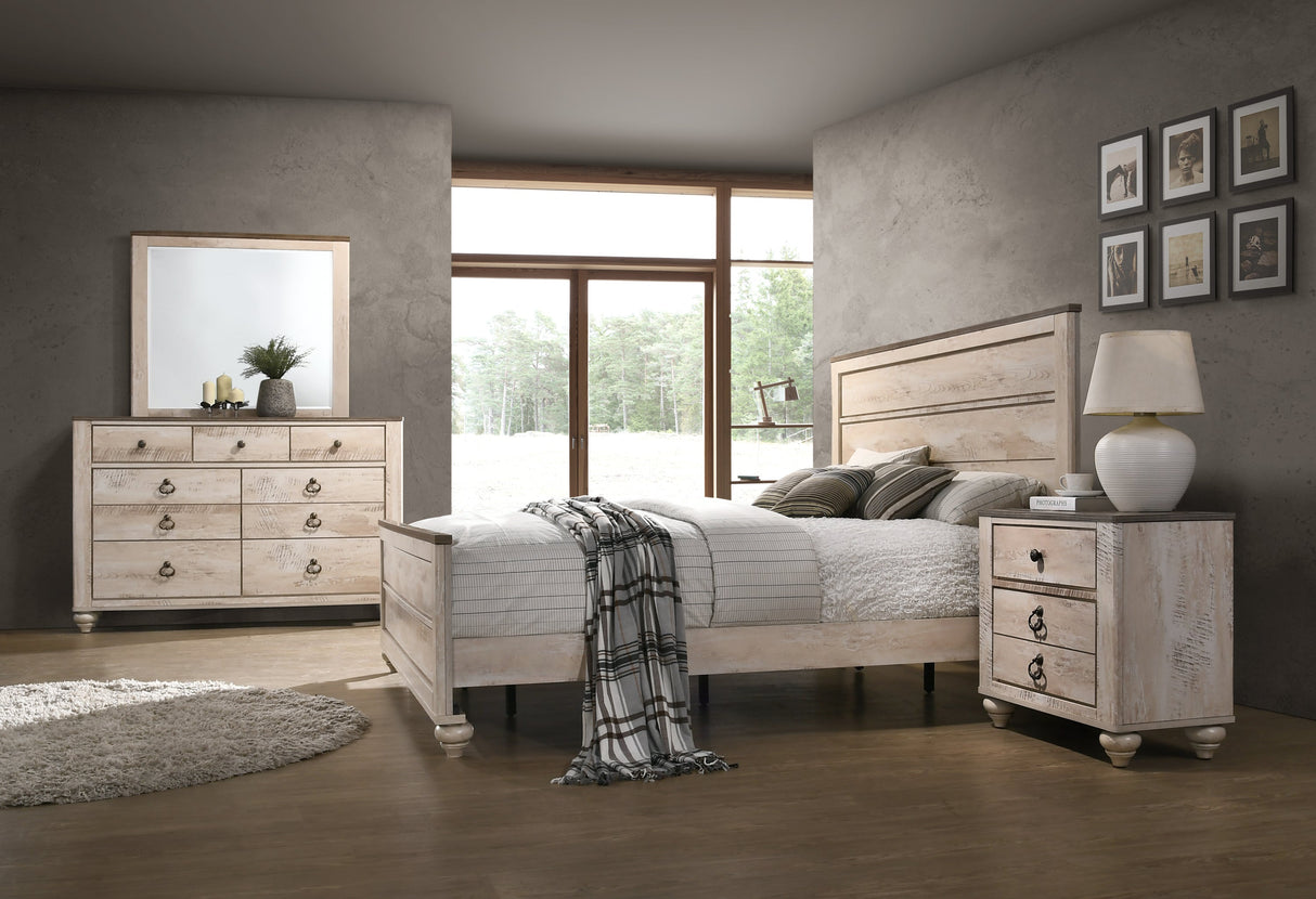 Imerland Contemporary White Wash Finish 4-Piece Bedroom Set-Queen Bed, Dresser, Mirror, Nightstand - sold by Home Elegance USA