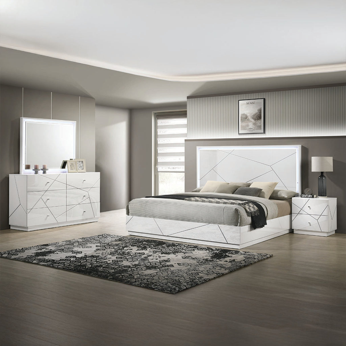 Manhattan Queen 4-Piece Bedroom Set – Modern Design with Lacquer Finish, Geometric Accents, and LED Lighting (CA Inventory) - sold by Home Elegance USA