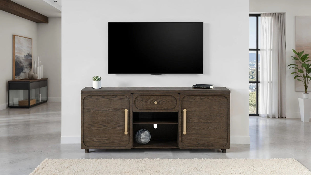 Transitional Style 1pc TV Console Gold Handles And Knob Recessed Panels Dark Walnut Finish - sold by Home Elegance USA