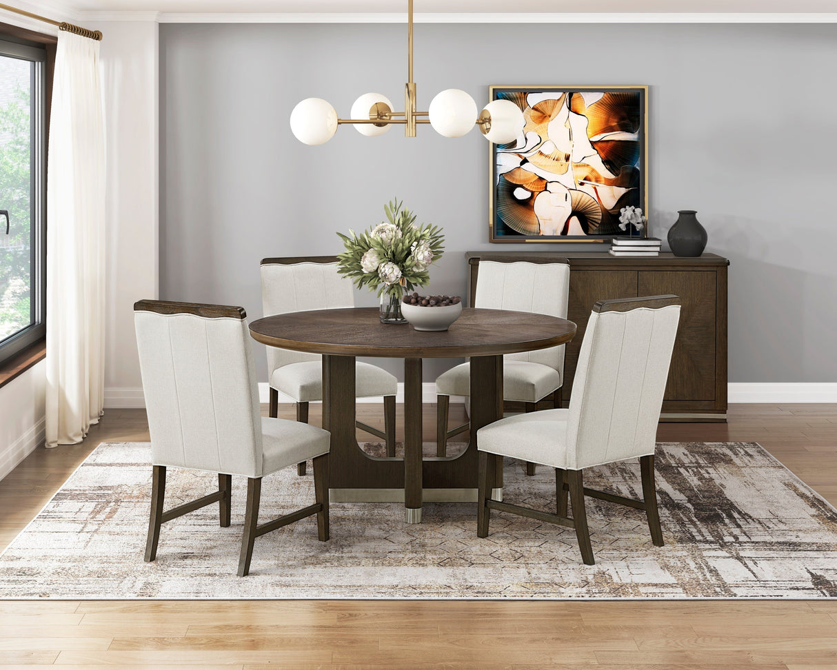 Modern Brown Finish Dining Set 5pcs Round Table and 4x Side Chairs Beige Upholstered Comfort Durable Metallic Accent Base Table Wooden Furniture - sold by Home Elegance USA