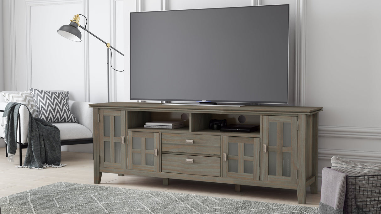 Artisan 72 inch Wide Solid Wood TV Stand in Distressed Grey For TVs up to 80 inches - sold by Home Elegance USA