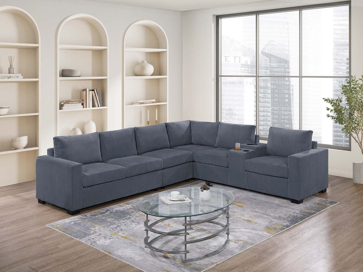 Modern Large Family Dark Gray Corduroy 6pc Sectional Set Living Room One Arm Loveseat Wedge Console Armless Chair Couch Set - sold by Home Elegance USA