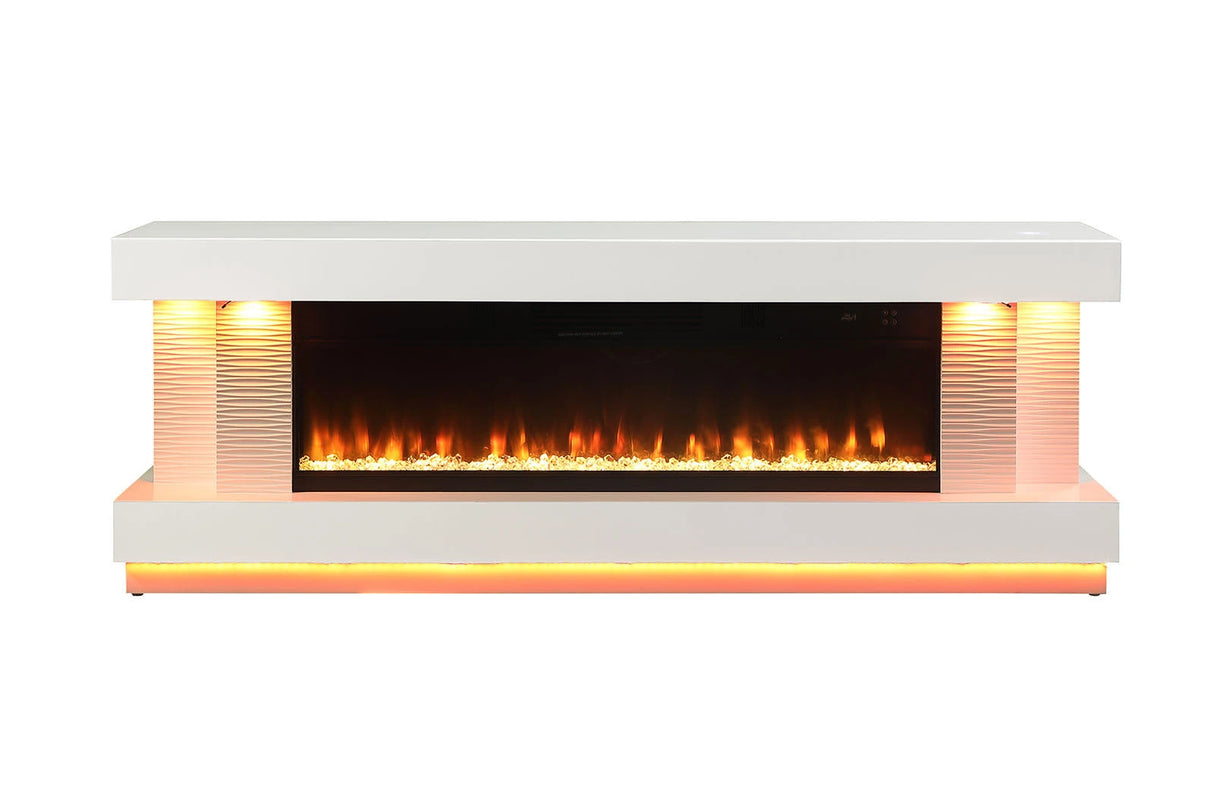 Contemporary Style TV Stand Electric Fire Place w/ Heater Included Fahrenheit & Celsius Display White Finish Primary Living Room - sold by Home Elegance USA