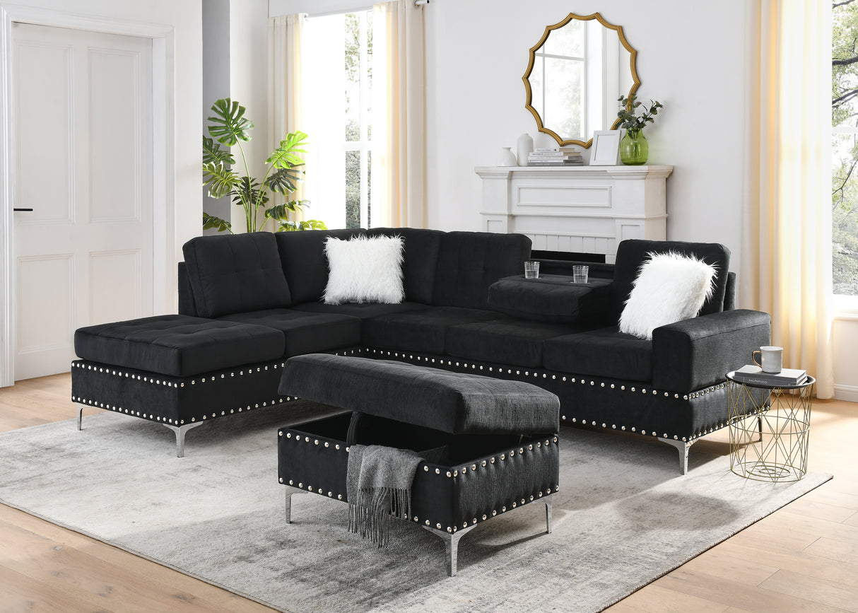Sectional 3-Seaters Sofa with Reversible Chaise, Storage Ottoman and Cup Holders, Metal Legs and Copper Nails,Two White Villose Pillows ,Black(107.5' x 80.5' x36')