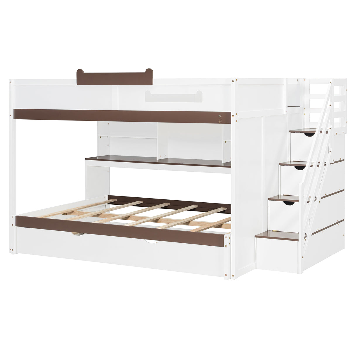Full Over Full Bunk Bed with Twin Size Trundle and Staircase, Shelves, LED,White - sold by Home Elegance USA