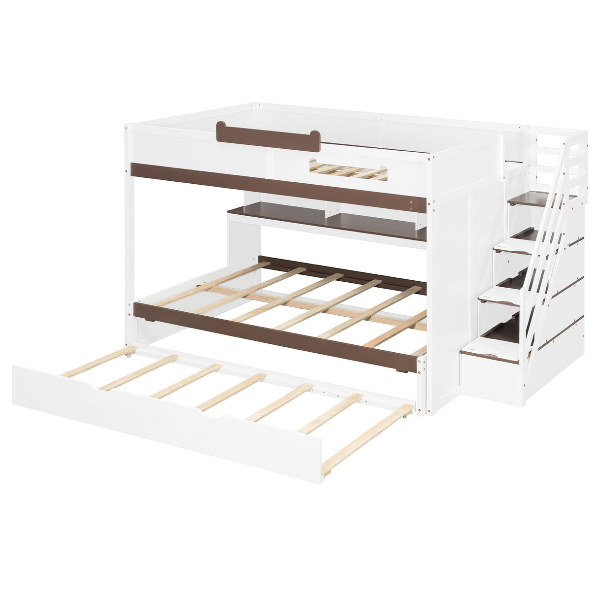 Full Over Full Bunk Bed with Twin Size Trundle and Staircase, Shelves, LED,White - sold by Home Elegance USA