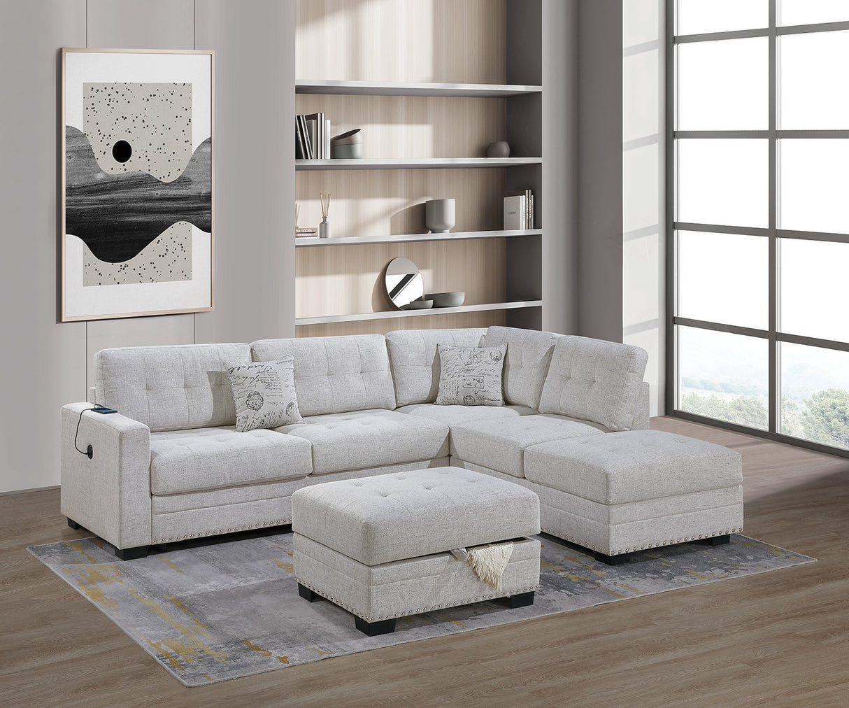 Living Room L-Shaped Sectional w Ottoman 3pc Set Sincere Bone Color Fabric Tufted Upholstered Sofa Couch Nailheads Pillows