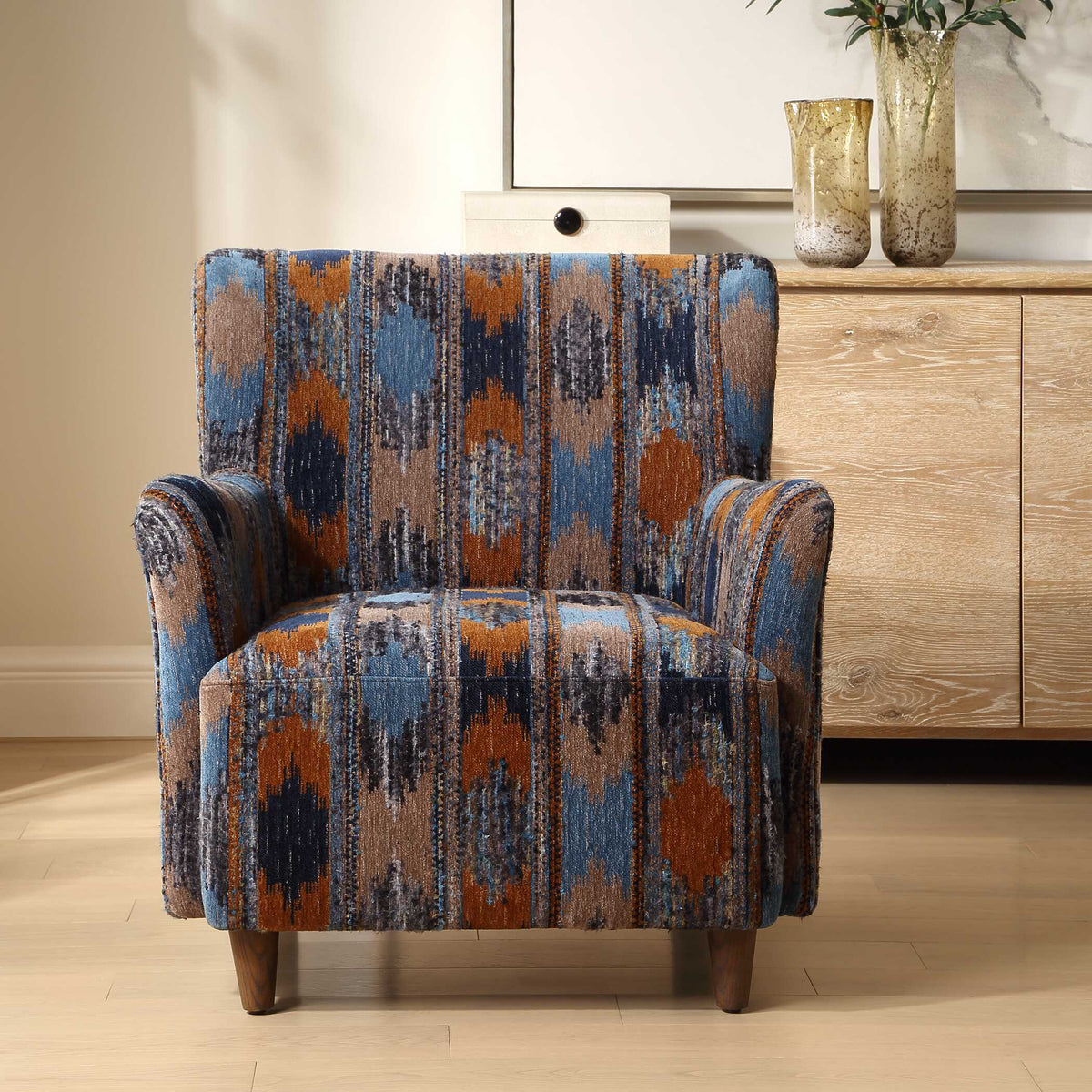 Lainey Upholstered Ikat Armchair Blue / Brown / Orange - Blue / Dark Brown by Uttermost - View 2
