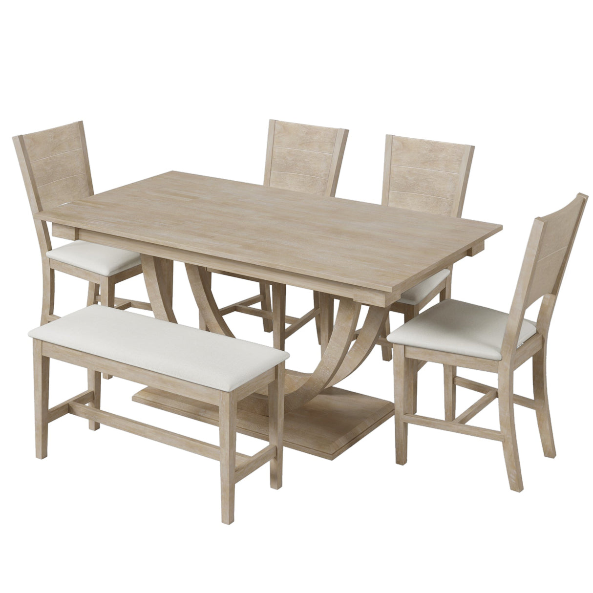 TOPMAX Modern Style Natural Wood 6-Piece Dining Table Set with Bench and Chairs, Upholstered Seats, Rubberwood Frame - sold by Home Elegance USA