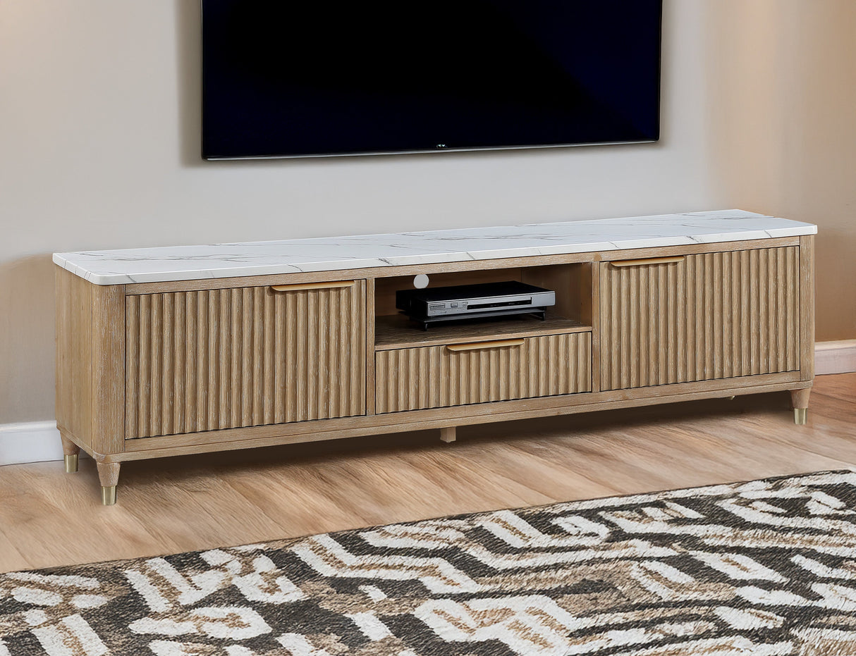 1pc Modern Luxury and Sleek Fluted Wood Facade Pristine White Faux Marble Top Brass-tone Accents Tapered Legs Tv Stand Media Console Natural Wood Finish - Home Elegance USA