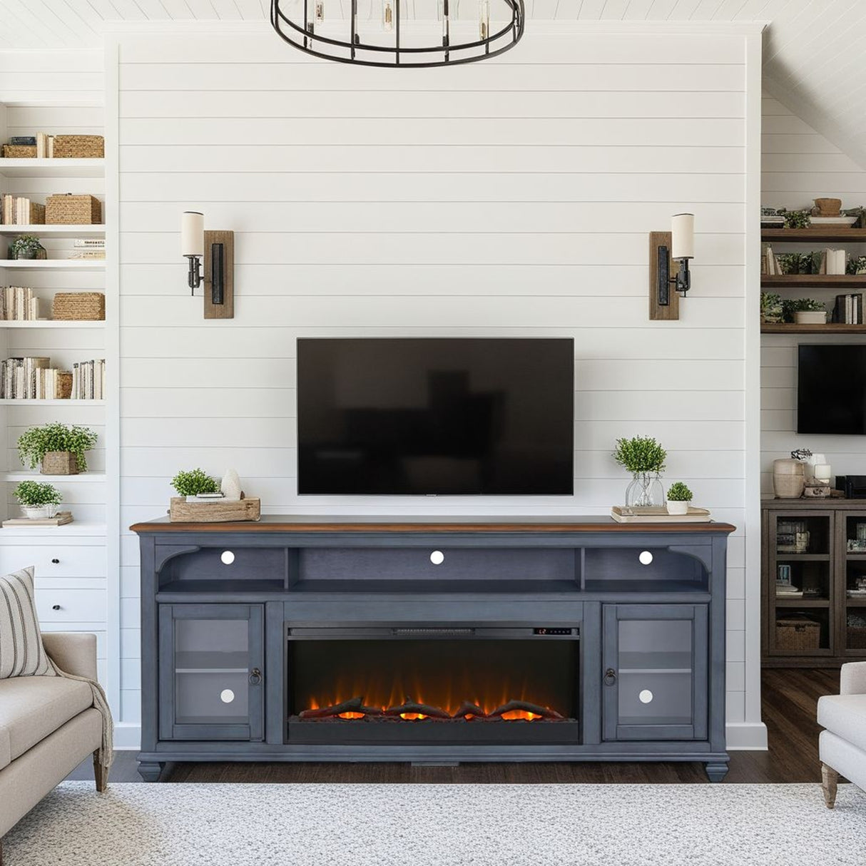 Soporte de TV con chimenea de 86 pulgadas para televisores de hasta 95 pulgadas, acabado azul pana