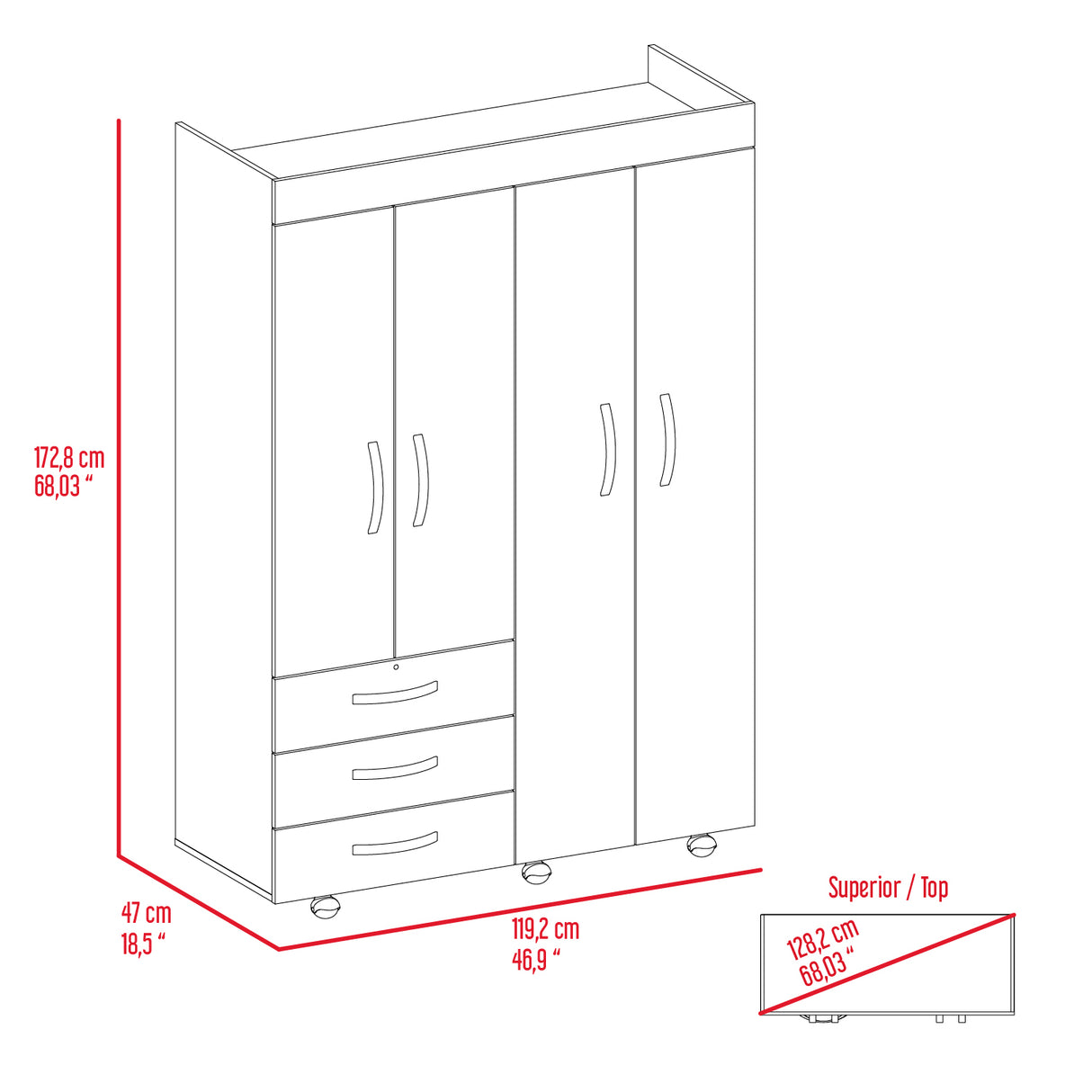 Hamilton Mobile Armoire, 4-Doors Cabinet, Three Drawers, Rods, Four Shelves, Black Wengue - Bedroom - sold by Home Elegance USA