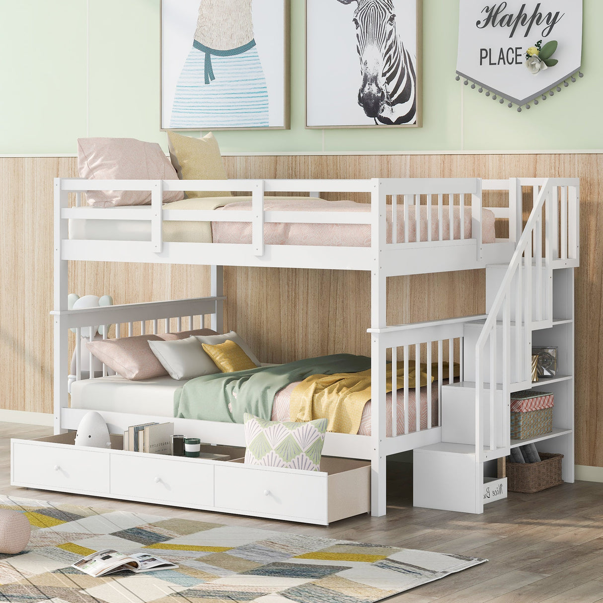 Stairway Full-Over-Full Bunk Bed with Drawer, Storage and Guard Rail for Bedroom, White - sold by Home Elegance USA