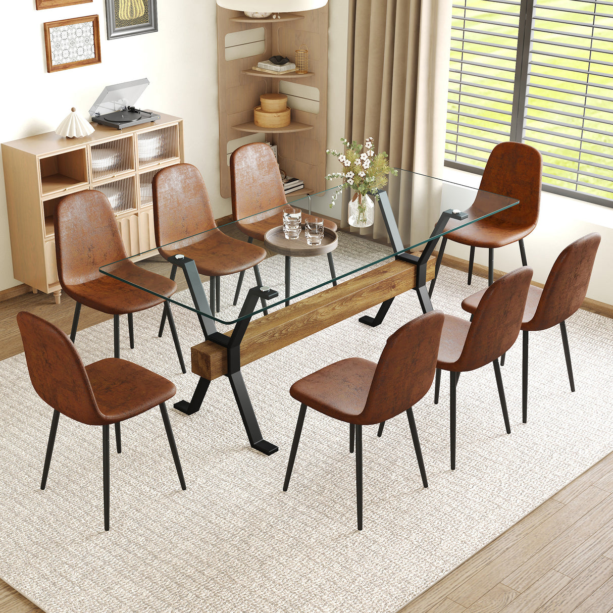 Table and chair set.79'x31.5' with X-shaped Black Metal Table Legs,Wood Grain Textured MDF Crossbeam.Paired With 8 Technology-Fabric Brown Chairs With Black Metal Legs.