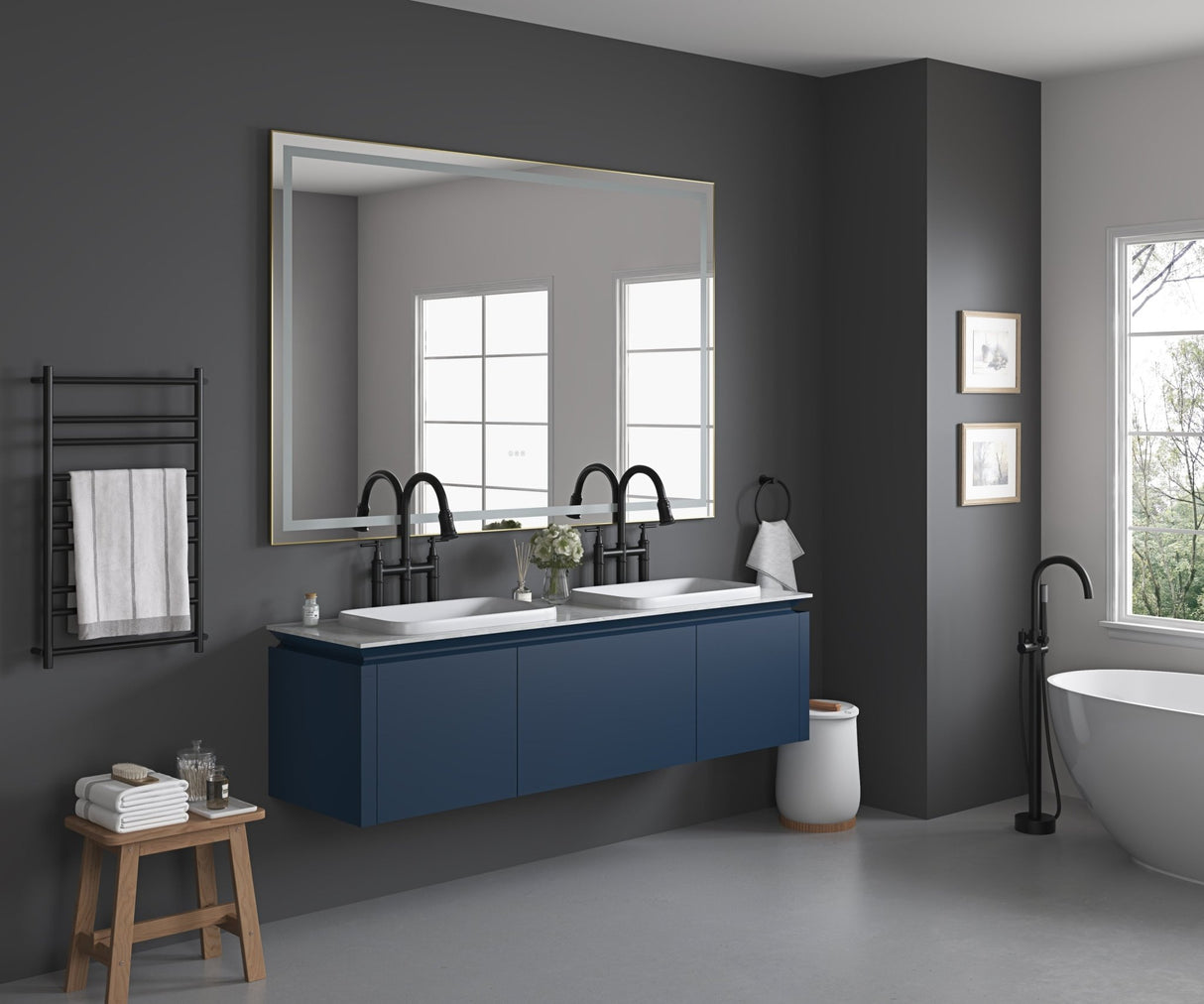 84in. W x 48in. H Oversized Rectangular Black Framed LED Mirror Anti - Fog Dimmable Wall Mount Bathroom Vanity Mirror HD Wall Mirror Kit For Gym And Dance Studio 48X 72Inches With Safety Ba | Home Elegance USA