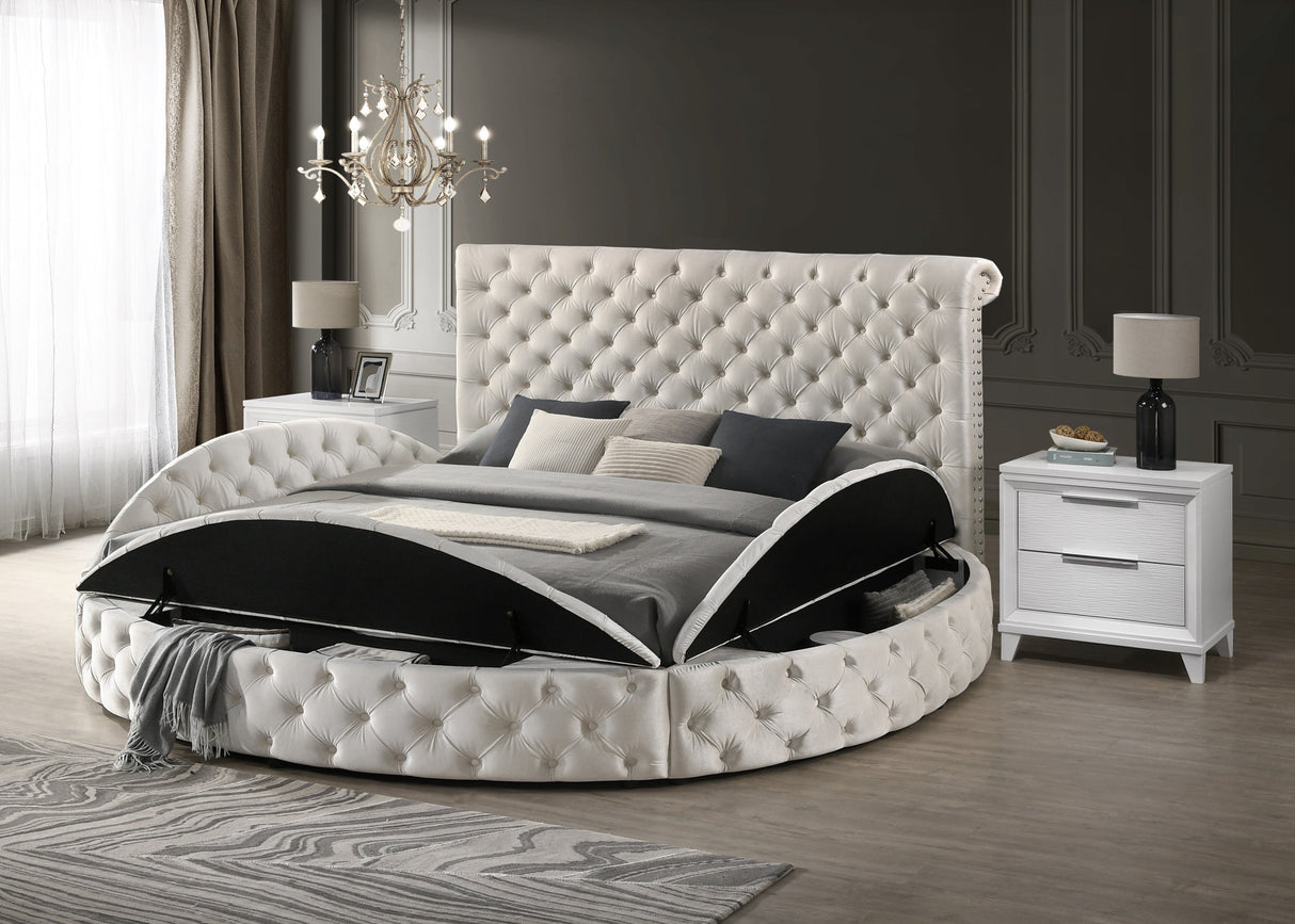 Unique Round Plush Ivory Velvet Button-Tufted Detailing Storage Bed Queen Size White 2x Nightstands Wooden Bedroom Furniture 3pc Set - sold by Home Elegance USA