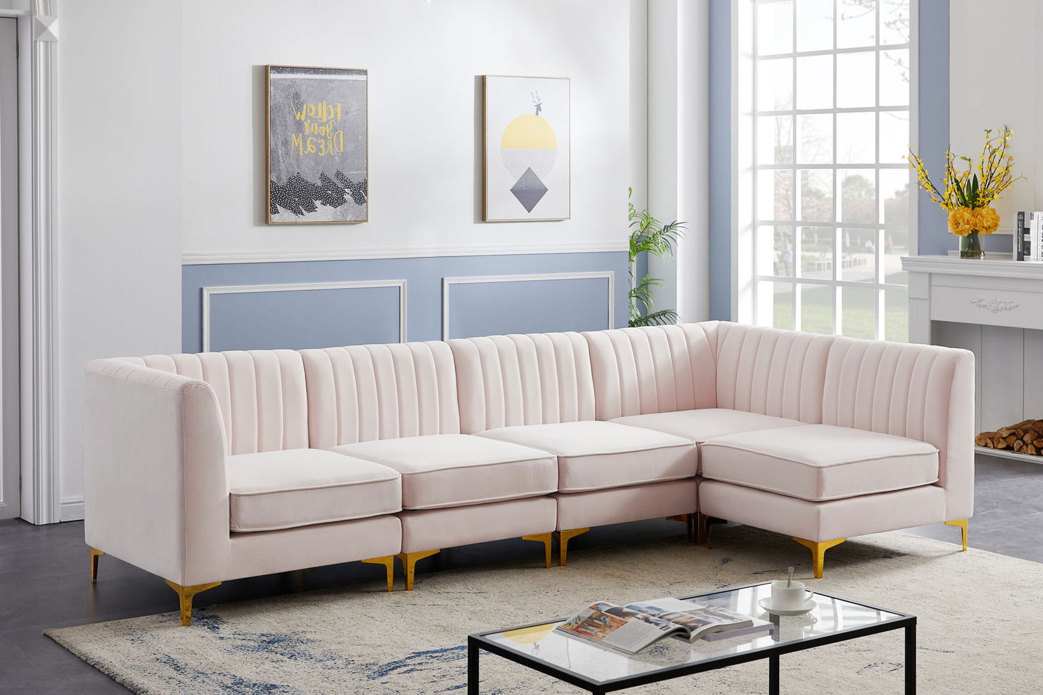 Alina - Modular Sectional 5 Piece - Pink - Fabric | Home Elegance USA