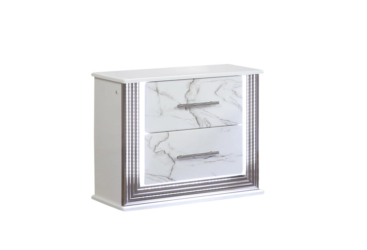 Desire King 4-Piece Bedroom Set – LED Upholstered Bed, Dresser, Mirror, and Nightstand with Marble-Inspired Accents and Sleek Metallic Trim for a Chic Modern Look(CA INVENTORY) - sold by Home Elegance USA