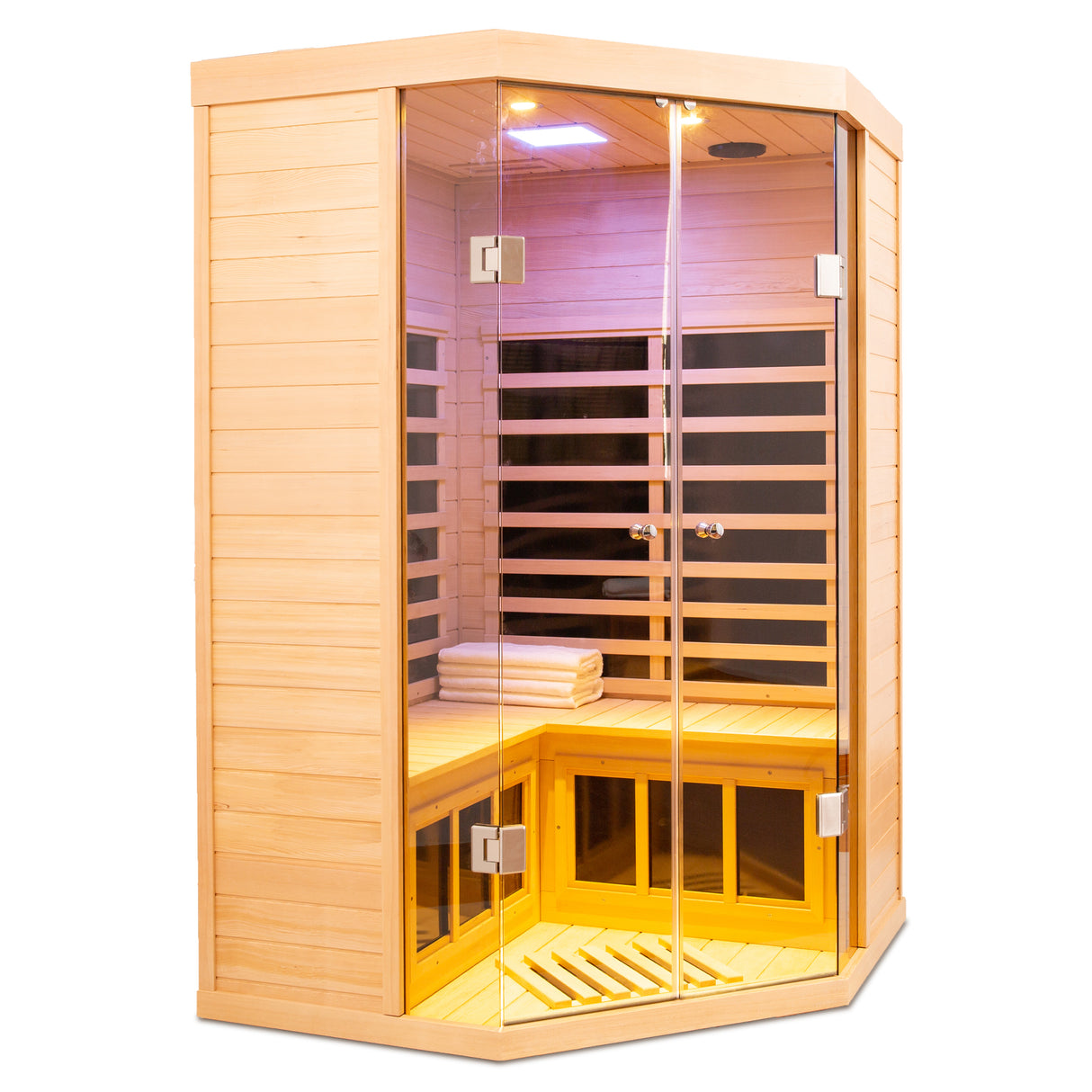 Sauna de esquina de infrarrojos lejanos Hemlock de lujo con frente de cristal para dos personas