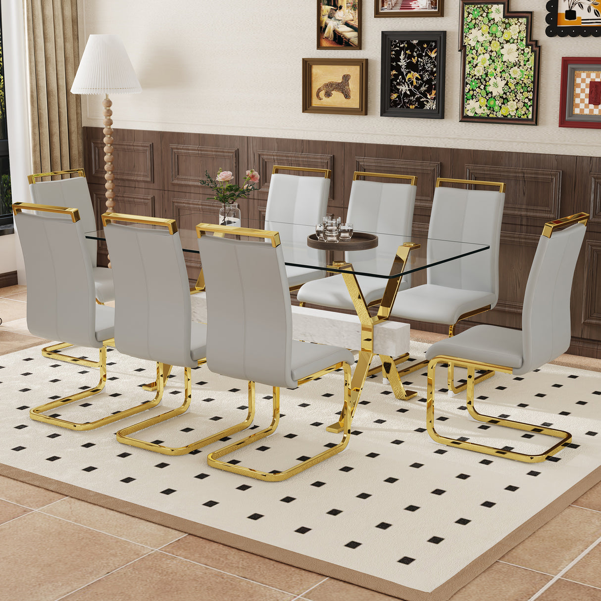 Table and chair set.Elegant Transparent Tempered Glass Dining Set - 71'x35.4' with 8 Light Gray PU Chairs with golden C-tube metal leg. - sold by Home Elegance USA