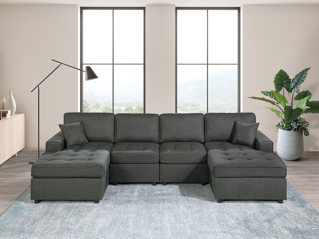 Contemporary Style Sectional Sofa Set RAF And LAF Chaise Armless Chairs Ash Black Color Dorris Fabric Tufted Couch Pillows Living Room