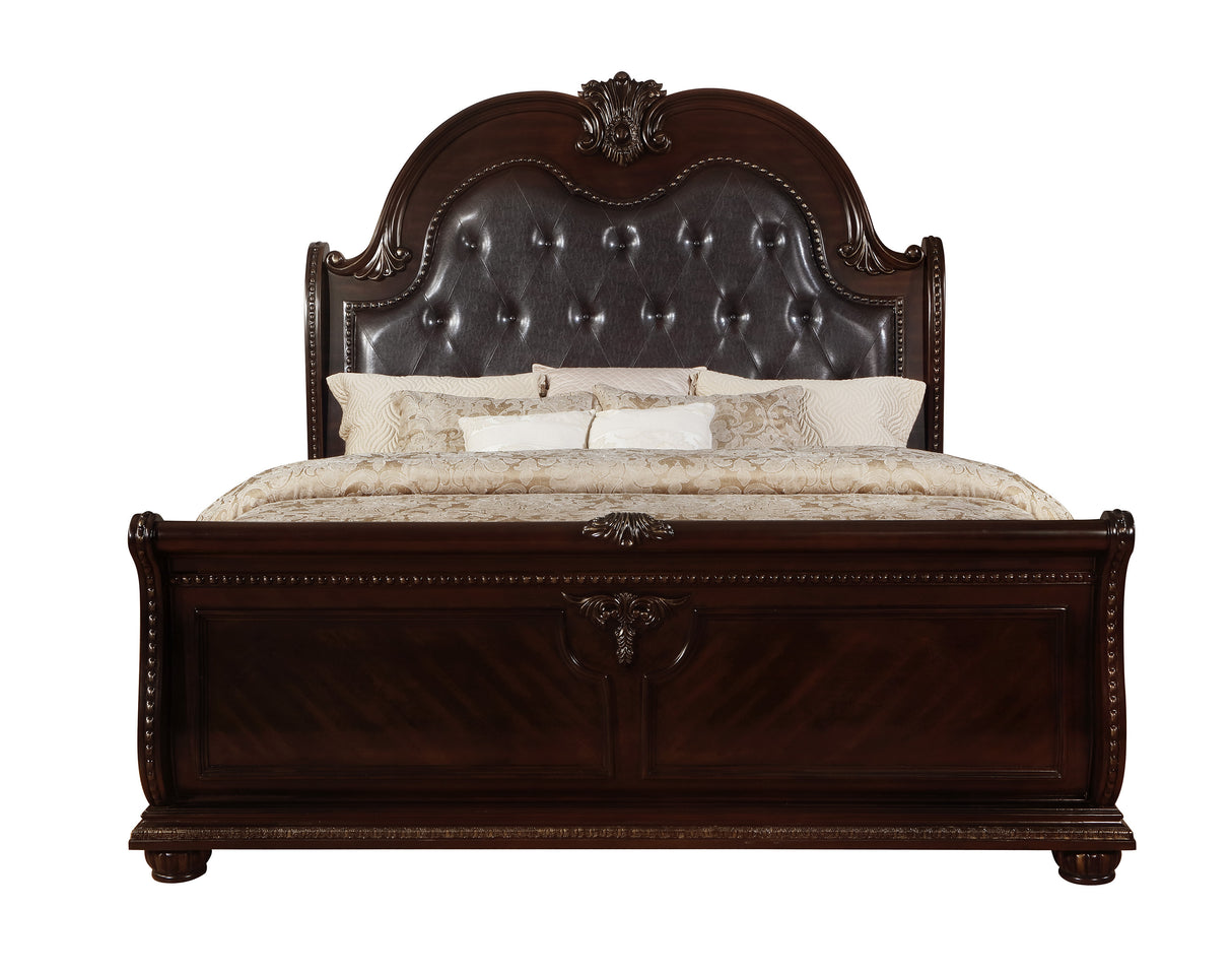 1pc Traditional Style Faux Leather Upholstered Headboard Button Tufted Formal Bedroom Furniture Formal Queen Sleigh Bed Antique Brown Finish