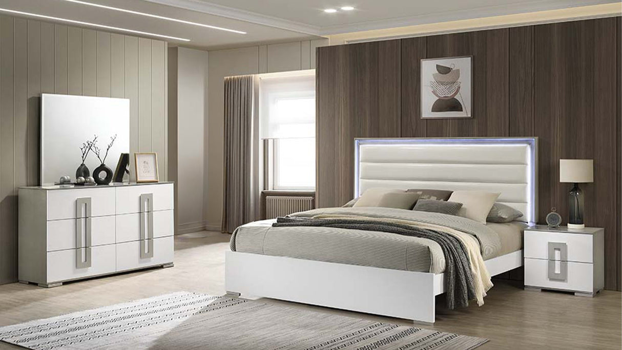 Olivia Contemporary Style 4 Pc Queen Bedroom Set with LED Headboard Made with Wood in White (CA Inventory) - sold by Home Elegance USA