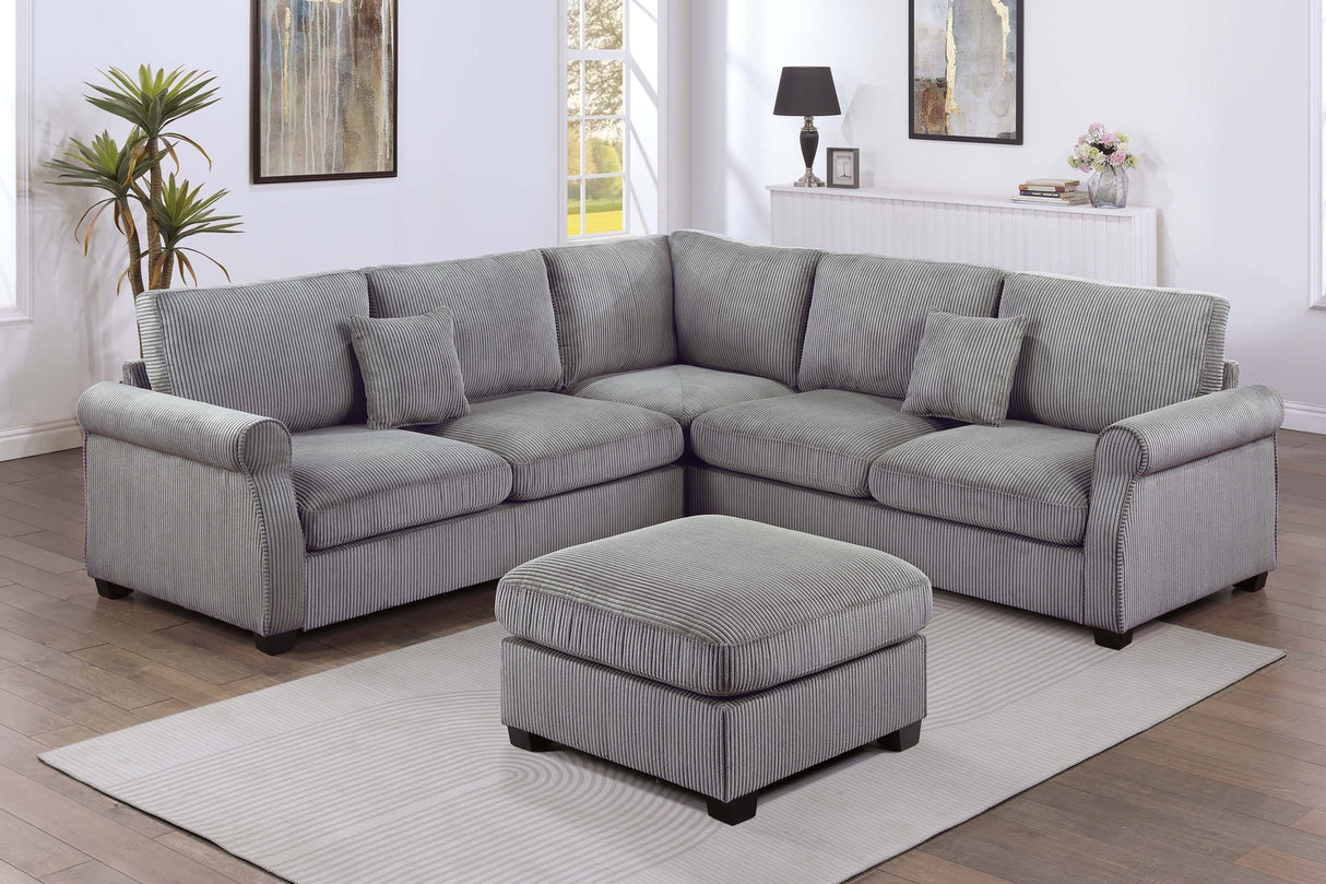 4pc Sectional Set Matching Pillow Cocktail Ottoman Corner Wedge Right And Left Arm Loveseat Corduroy Upholstered Fog Finish Primary Living Room - sold by Home Elegance USA