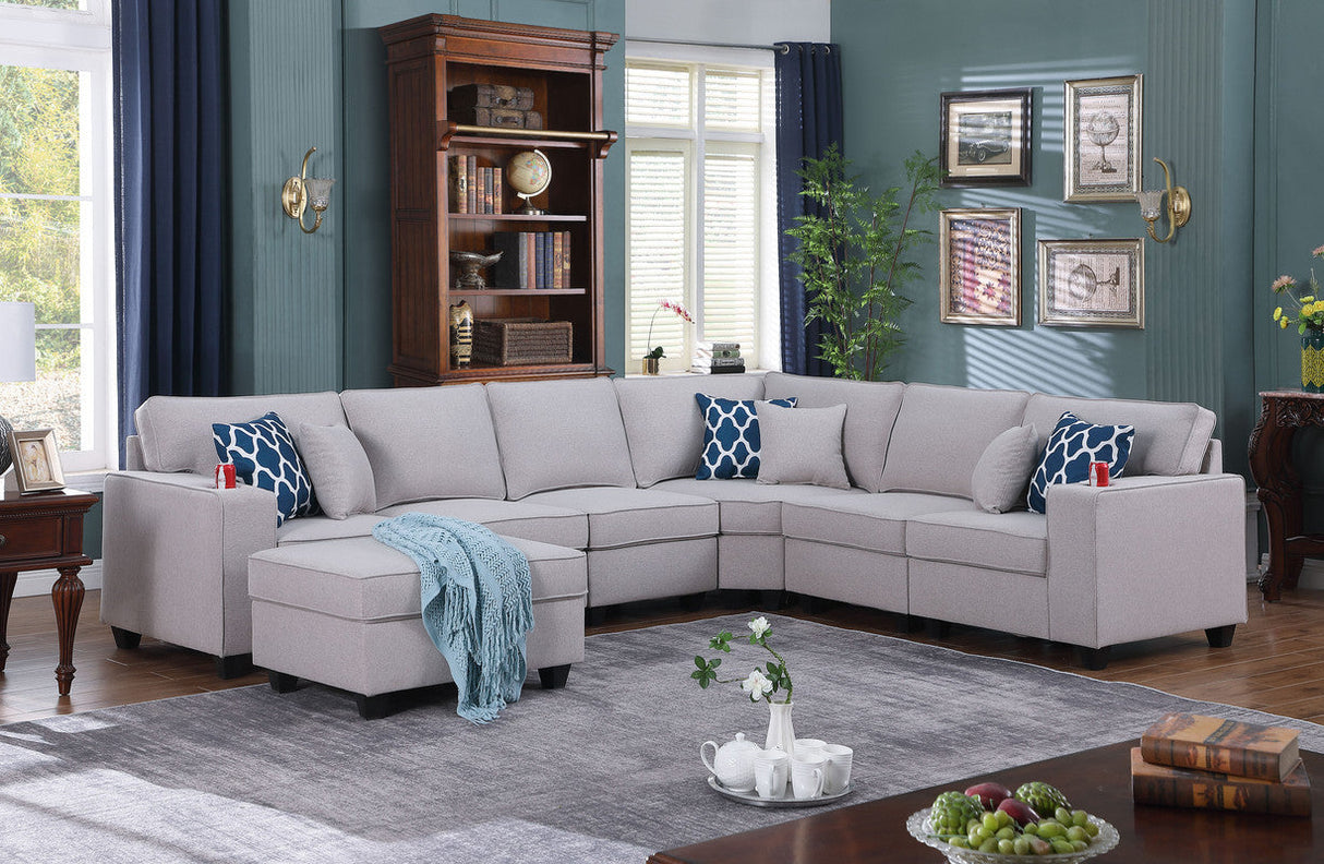 Cooper 125' Light Gray Linen 7Pc Reversible L-Shape Sectional Sofa with Ottoman and Cupholder - sold by Home Elegance USA