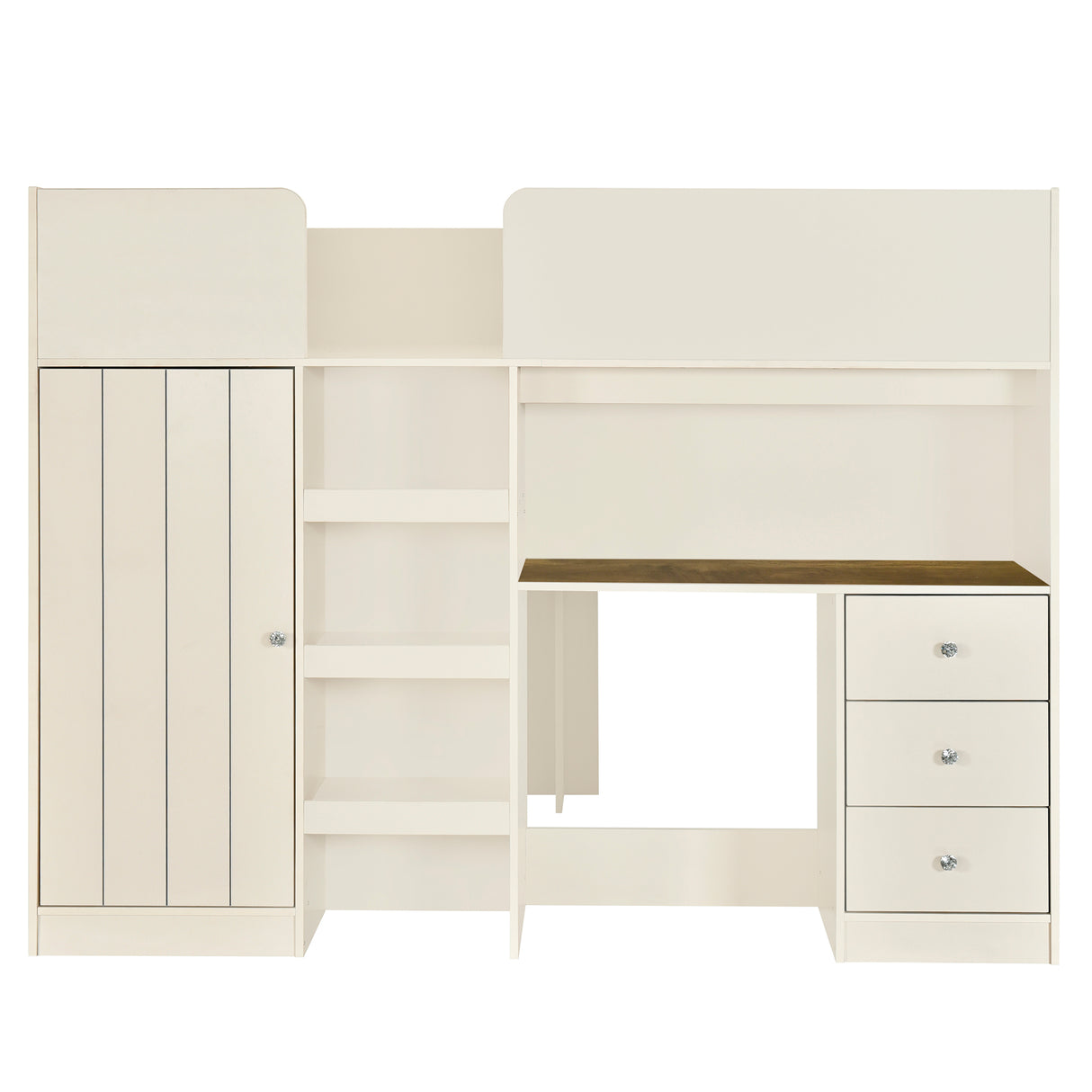 Beige Wood Full Size Loft Bed with Built-in Wardrobe, Desk, Shelves, and Drawers - Pine Wood + MDF