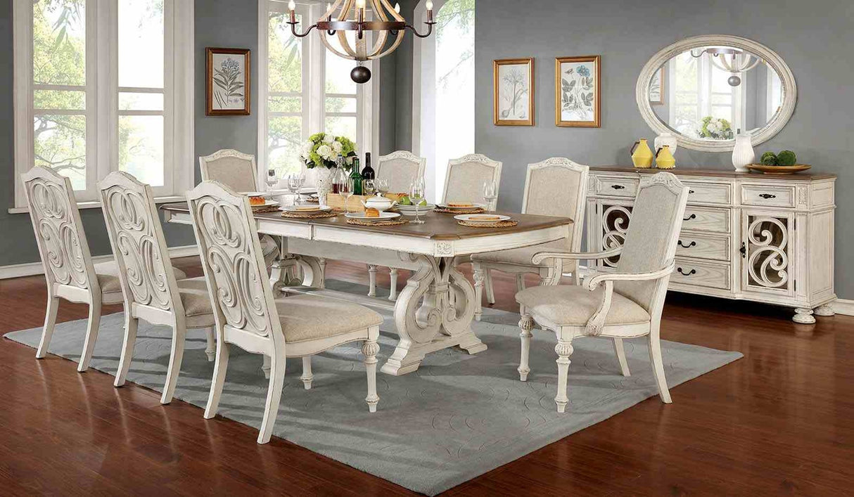 Antique White Dining Room 9pc Set Table W Leaf And 6x Side Chairs 2x Arm Chairs Ivory Fabric Upholstered Seat