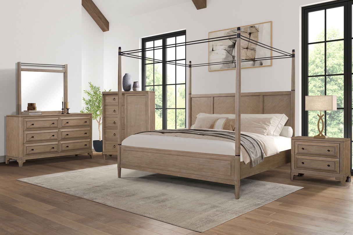 Queen Canopy Bedroom Set with a 2 Drawer Nightstand. a modern Dresser with Poster Mirror and a Door Chest.