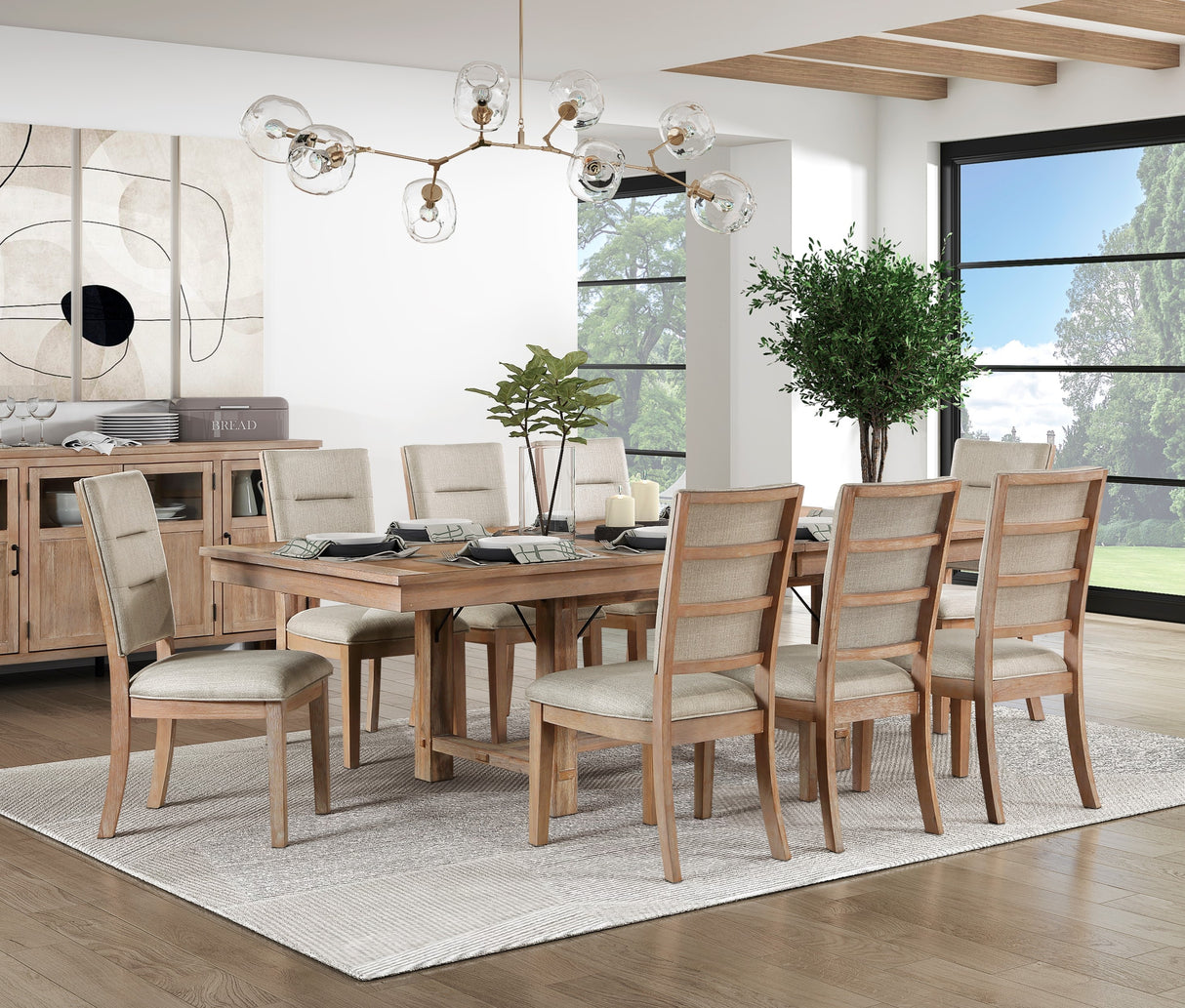 Light Oak Finish 9pc Dining Set Self-Storing Leaf Table and Side Chairs Beige Wooden Dining Furniture