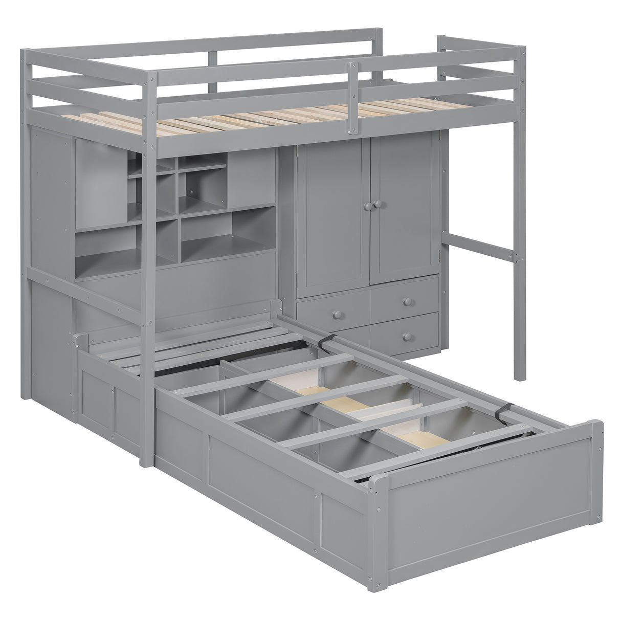 Twin Bunk Bed with Drawers, Wardrobe, Storage Shelves and Hydraulic Bed,Gray - sold by Home Elegance USA