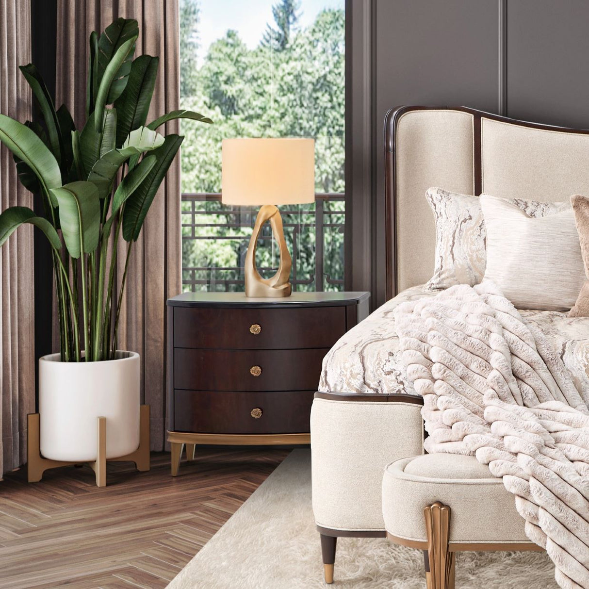 Camellia Field Nightstand in Warm Pecan with Black Marble Top | Aico by Michael Amini - Home Elegance USA