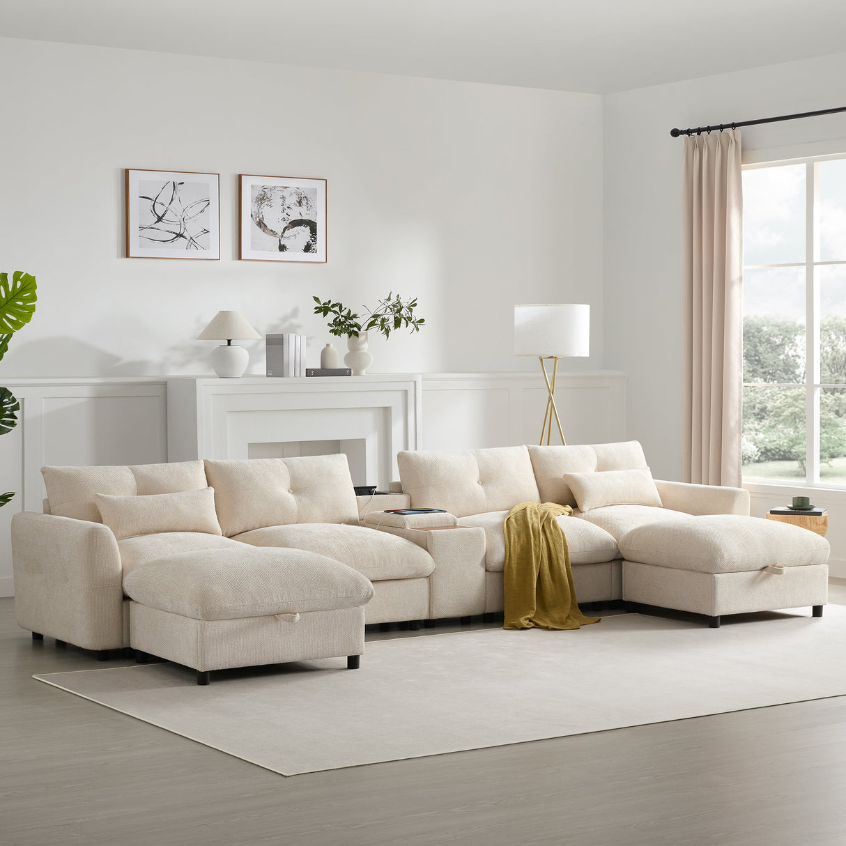 136'' Modular Sectional Sofa with Console, Cup Holder, USB Charger, Movable Storage Ottoman, Pull-line&Tufted Design, U-Shaped Oversized Chenille Sofa for Living Room&Apartment,2 Colors - sold by Home Elegance USA