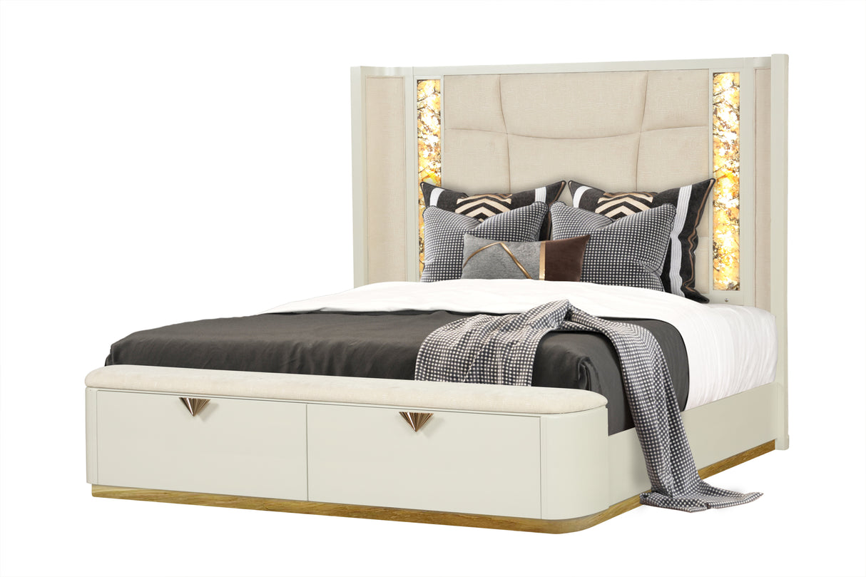 La Pierre Modern Style King Upholstered Bed Made with Wood, Footboard Drawers and Gold Accents in Beige (CA WAREHOUSE)