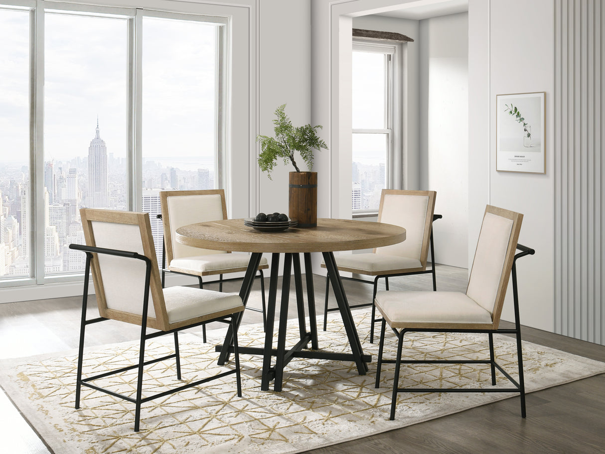 Tate Oak Finish 47' Round Dining Table Set with Cream Color Upholstered Chairs